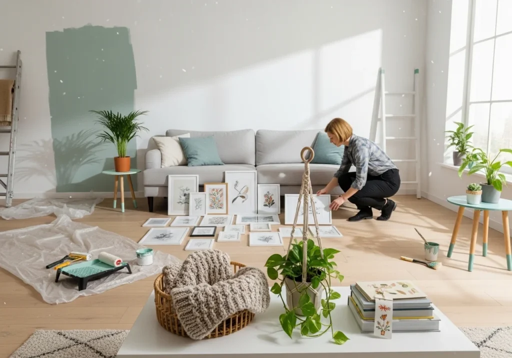 DIY home decor setup with handmade wall art, cozy lighting, budget-friendly decorations, and stylish accessories creating a warm aesthetic space.