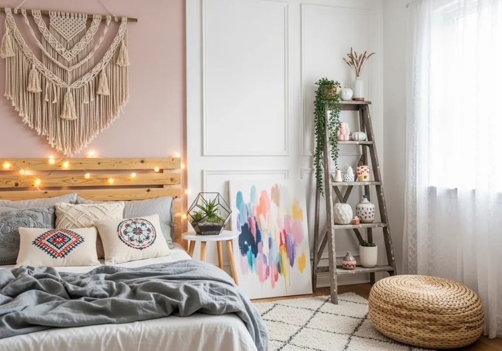 DIY home decor setup with handmade wall art, cozy lighting, budget-friendly decorations, and stylish accessories creating a warm aesthetic space.