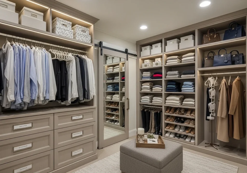 Stylish bedroom closet ideas with smart storage solutions, modern shelves, sliding doors, and functional wardrobe design
