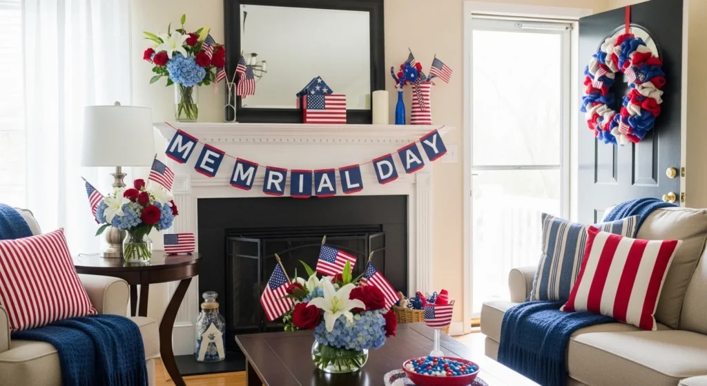 Patriotic Memorial Day decorations featuring red white and blue themed outdoor table setup, flags, candles, and festive summer celebration decor