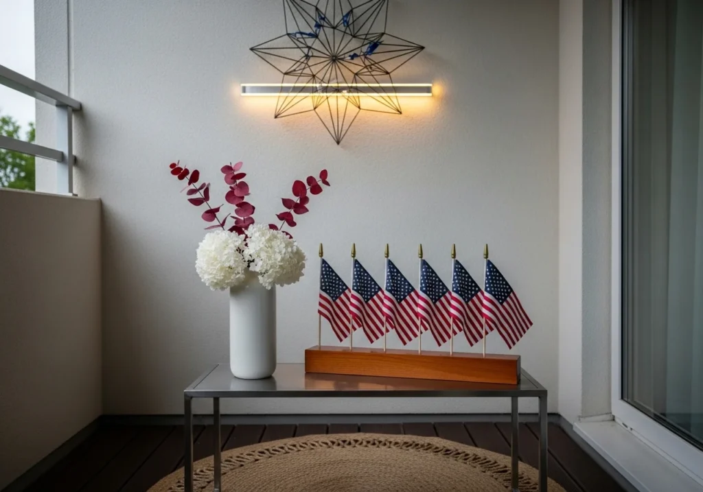 Patriotic Memorial Day decorations featuring red white and blue themed outdoor table setup, flags, candles, and festive summer celebration decor