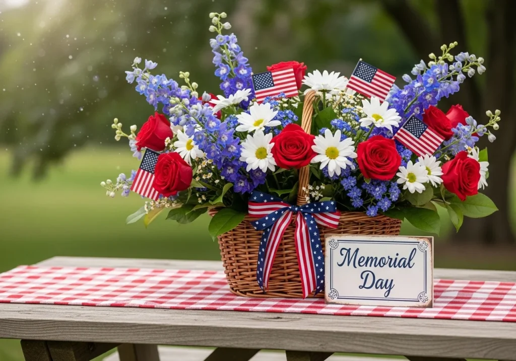 Memorial Day Weekend celebration with American flags, outdoor BBQ, travel vibes, and family enjoying summer holiday activities
