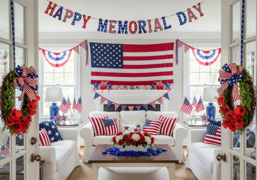 Indoor Memorial Day Decorations for the living room and dining area with patriotic accents