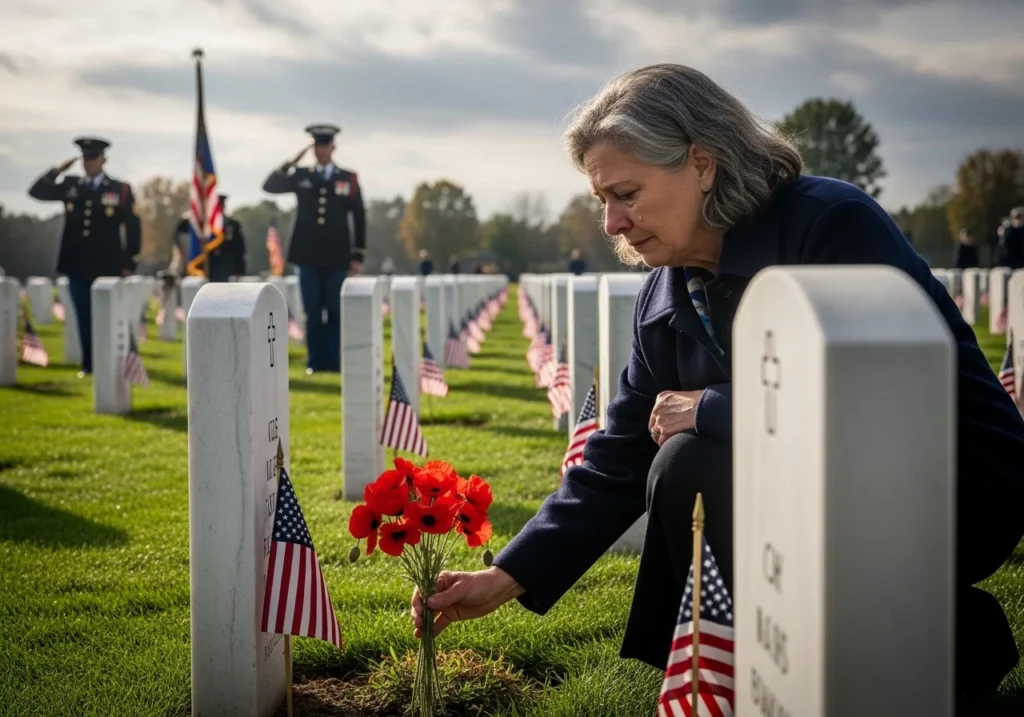 Patriotic Memorial Day decorations featuring red white and blue themed outdoor table setup, flags, candles, and festive summer celebration decor