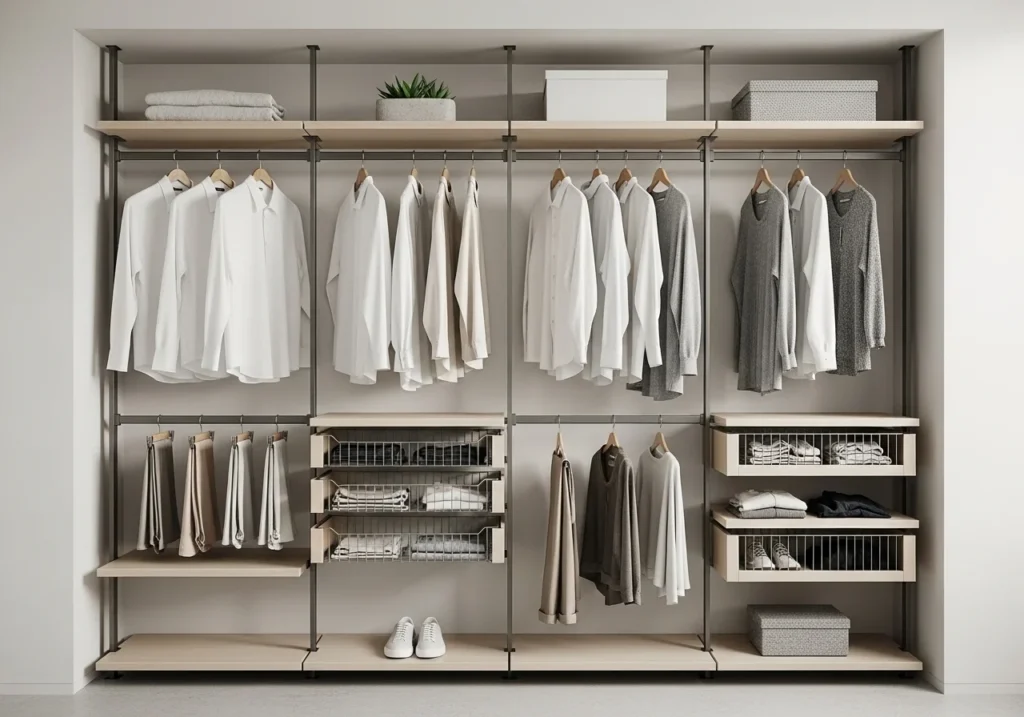 Stylish bedroom closet ideas with smart storage solutions, modern shelves, sliding doors, and functional wardrobe design
