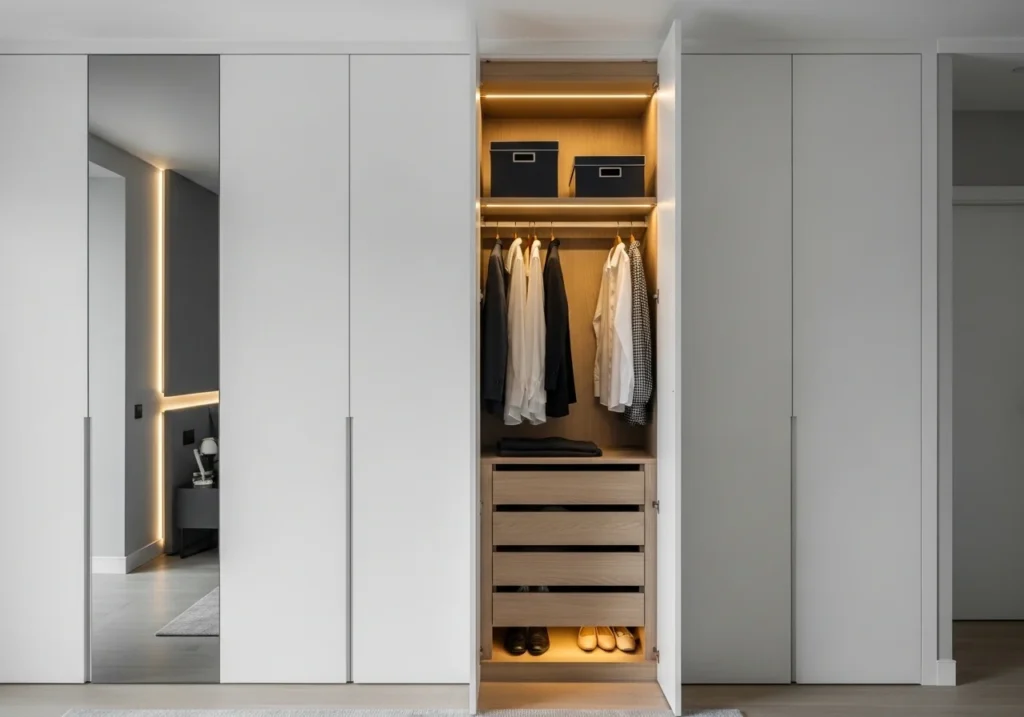 Stylish bedroom closet ideas with smart storage solutions, modern shelves, sliding doors, and functional wardrobe design
