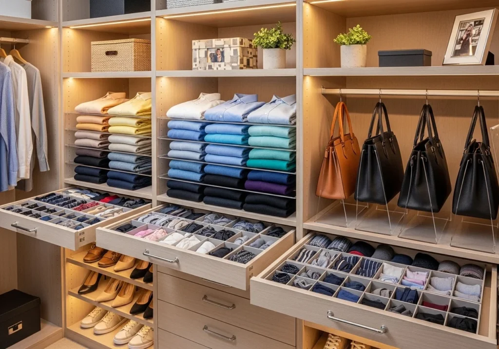 Stylish bedroom closet ideas with smart storage solutions, modern shelves, sliding doors, and functional wardrobe design
