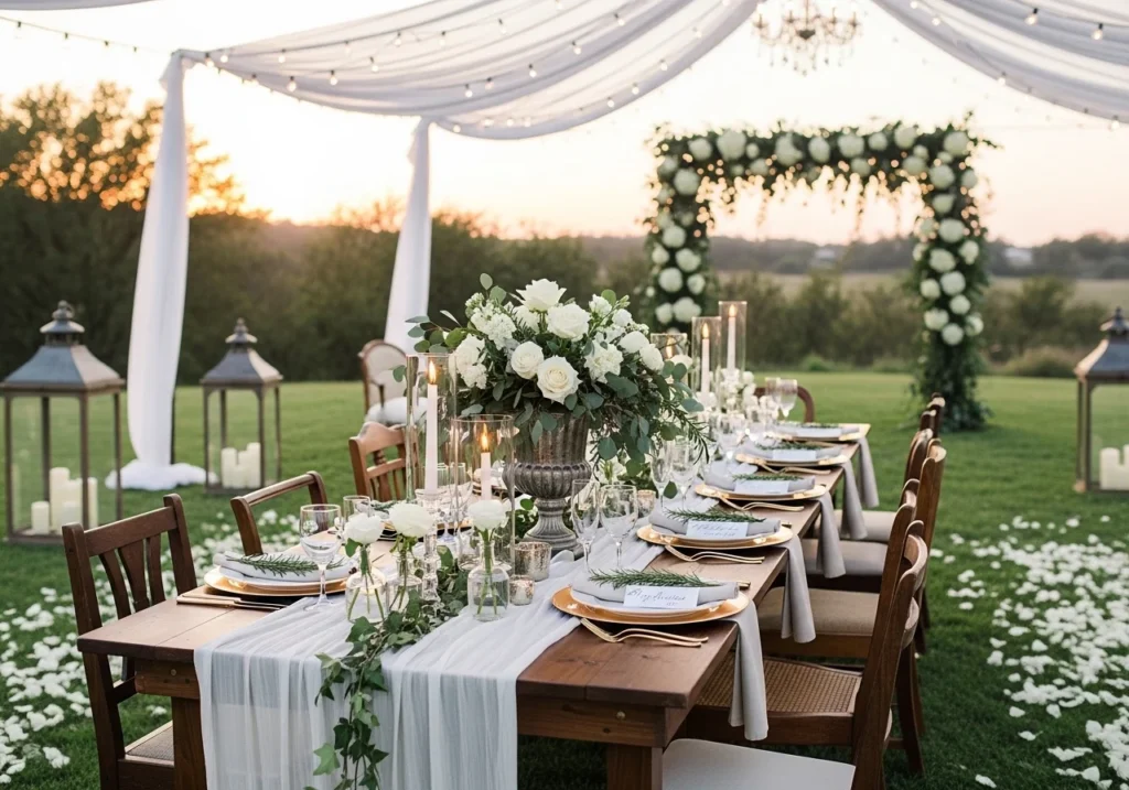 Outdoor Wedding Ideas with a romantic setup, elegant decor, soft lighting, floral arrangements, and a beautiful nature-inspired wedding theme for 2026