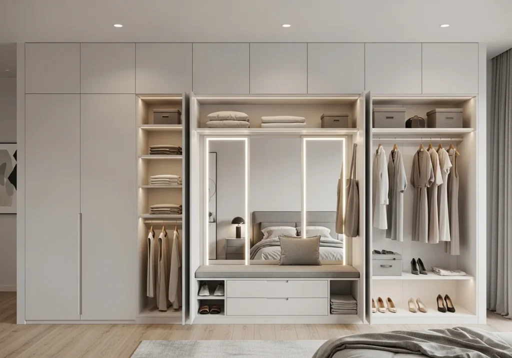 Stylish bedroom closet ideas with smart storage solutions, modern shelves, sliding doors, and functional wardrobe design
