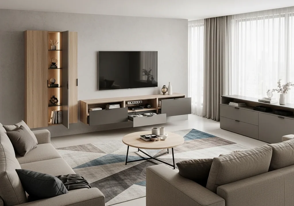 Modern trendy living room with stylish wall shelves, cozy sofa, soft lighting, neutral tones, and elegant decor creating a beautiful and aesthetic space without text overlay