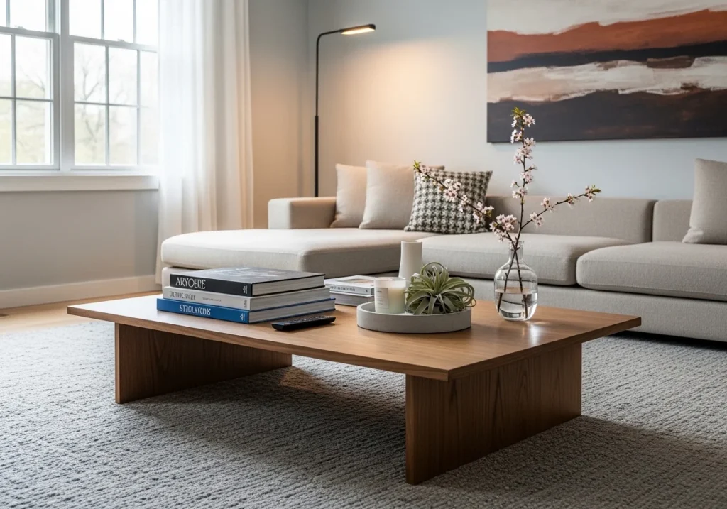 Modern trendy living room with stylish wall shelves, cozy sofa, soft lighting, neutral tones, and elegant decor creating a beautiful and aesthetic space without text overlay