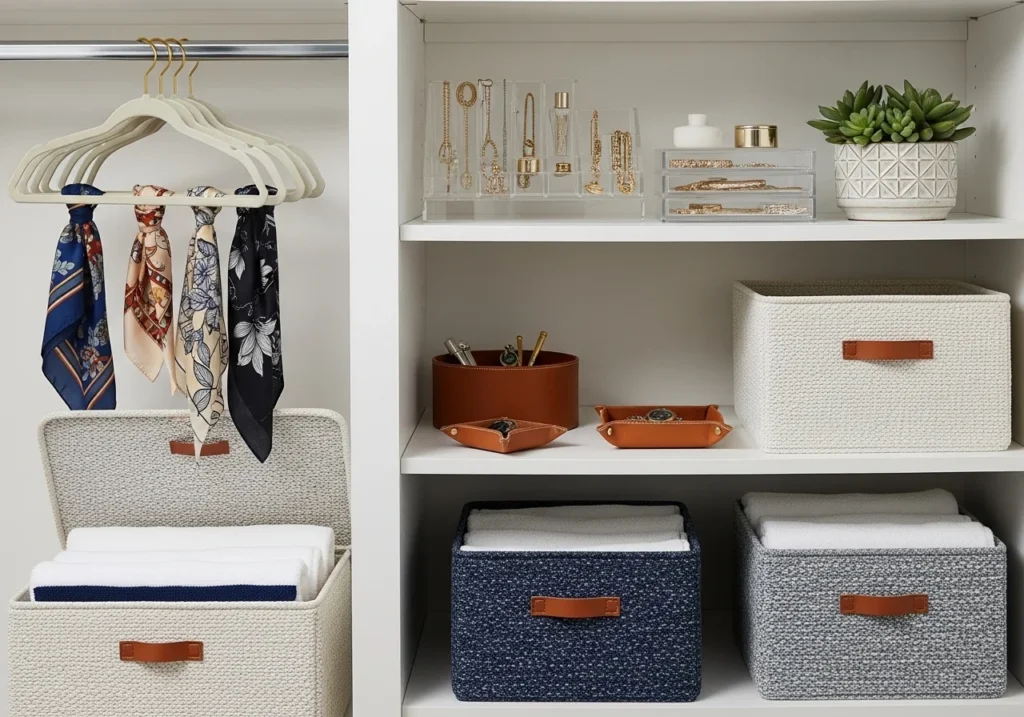 Stylish bedroom closet ideas with smart storage solutions, modern shelves, sliding doors, and functional wardrobe design
