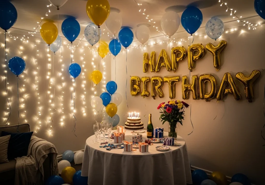 stunning birthday decoration at home ideas with balloons lights cake and stylish party setup