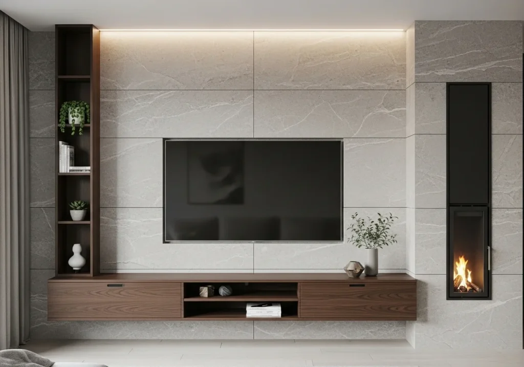 Modern TV Wall Design Ideas for stylish living room with sleek panels, floating shelves, and elegant decor setup