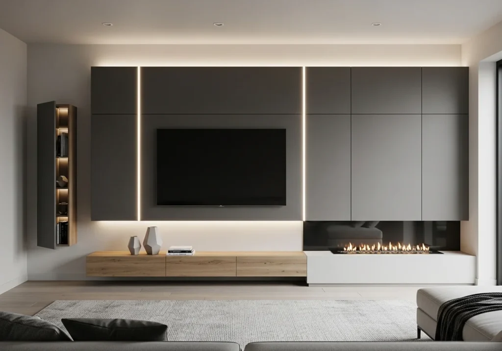 Modern TV Wall Design Ideas for stylish living room with sleek panels, floating shelves, and elegant decor setup
