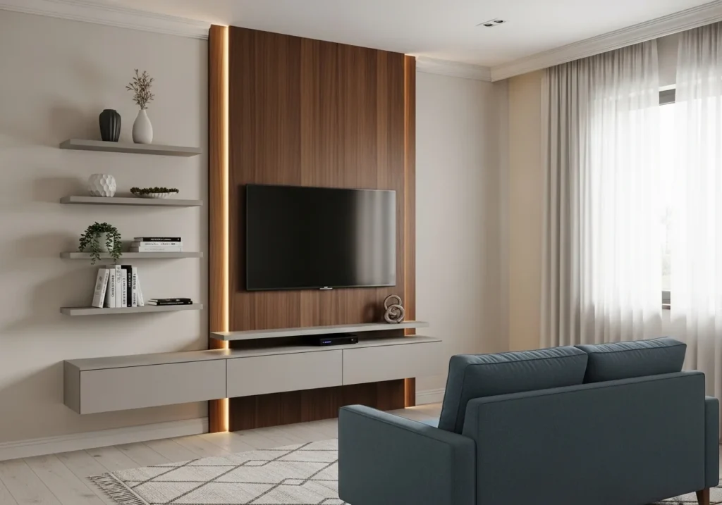 Modern TV Wall Design Ideas for stylish living room with sleek panels, floating shelves, and elegant decor setup
