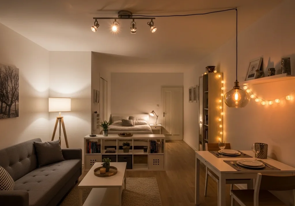 Studio Apartment Decor Ideas with modern small space styling, smart storage solutions, minimalist furniture, and cozy apartment layout design