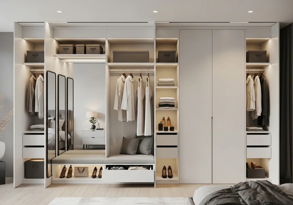 Stylish bedroom closet ideas with smart storage solutions, modern shelves, sliding doors, and functional wardrobe design
