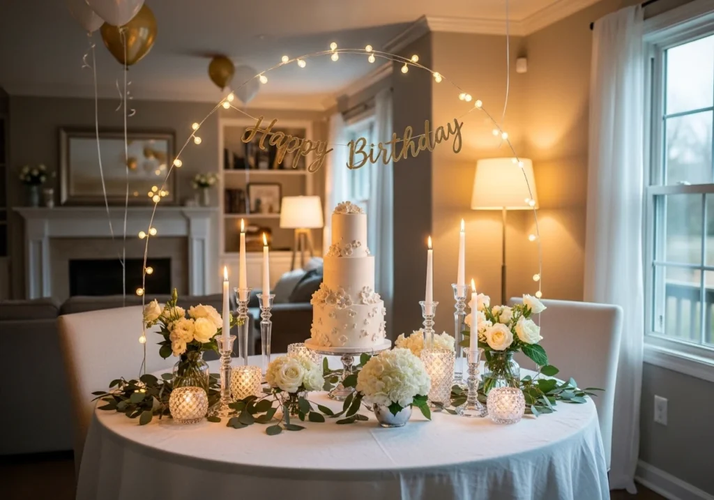 stunning birthday decoration at home ideas with balloons lights cake and stylish party setup