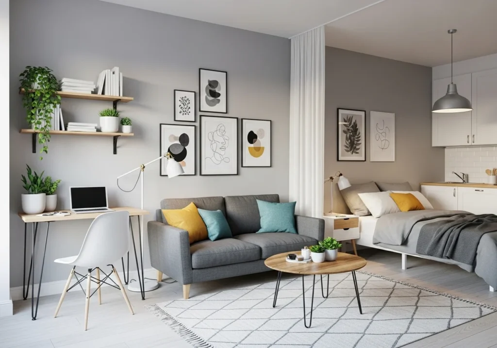 Studio Apartment Decor Ideas with modern small space styling, smart storage solutions, minimalist furniture, and cozy apartment layout design