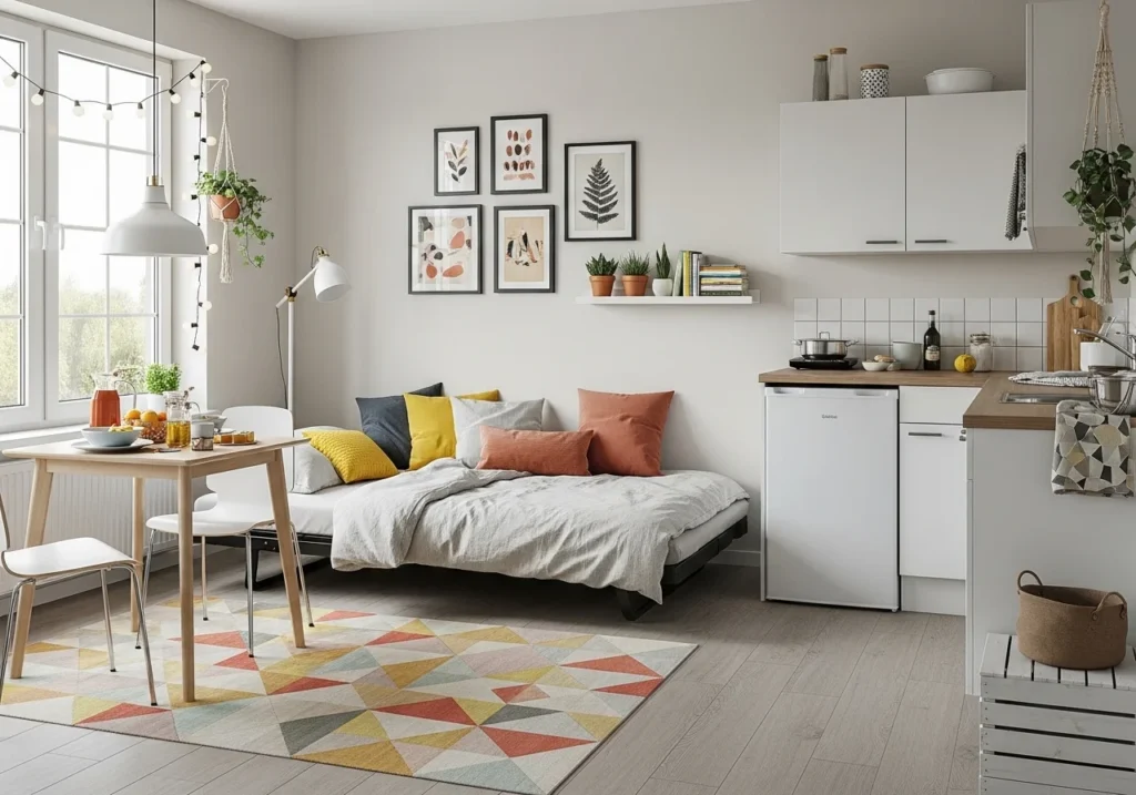 Studio Apartment Decor Ideas with modern small space styling, smart storage solutions, minimalist furniture, and cozy apartment layout design