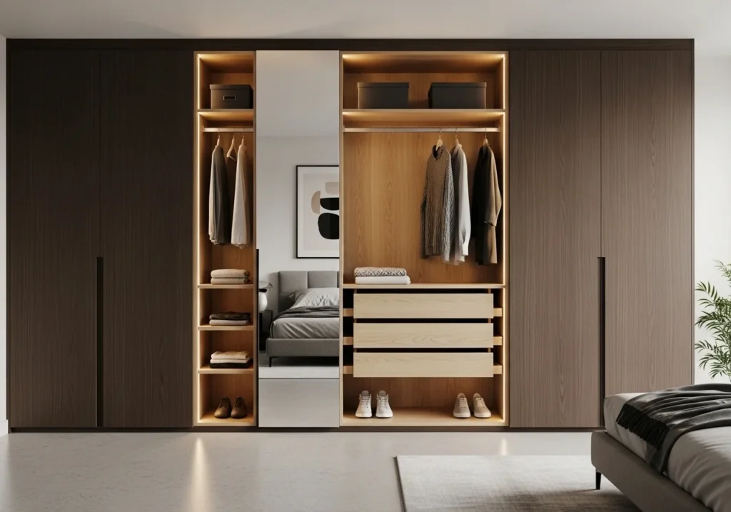 Stylish bedroom closet ideas with smart storage solutions, modern shelves, sliding doors, and functional wardrobe design
