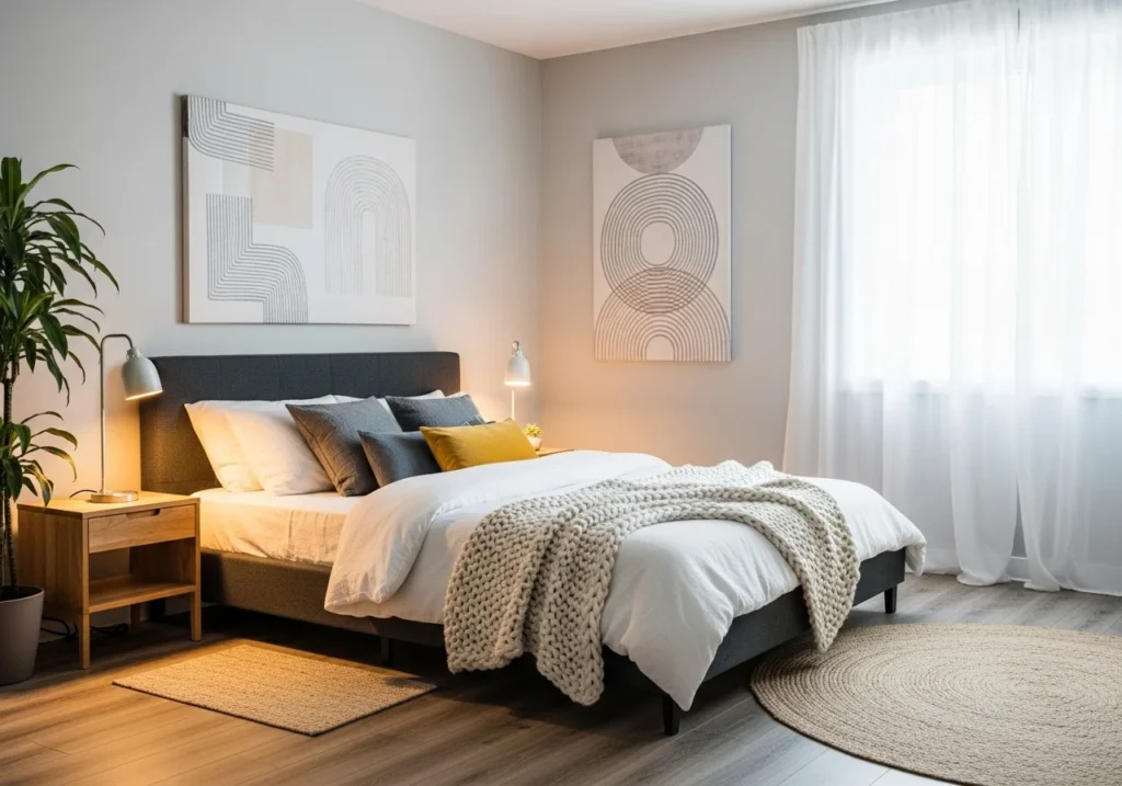 Cozy bedroom with warm lighting, soft neutral bedding, layered textures, and minimalist decor creating a relaxing and comfortable aesthetic space.