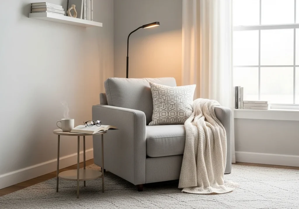 cozy reading nook ideas with warm lighting, soft cushions, and a stylish modern setup for a calm and relaxing space