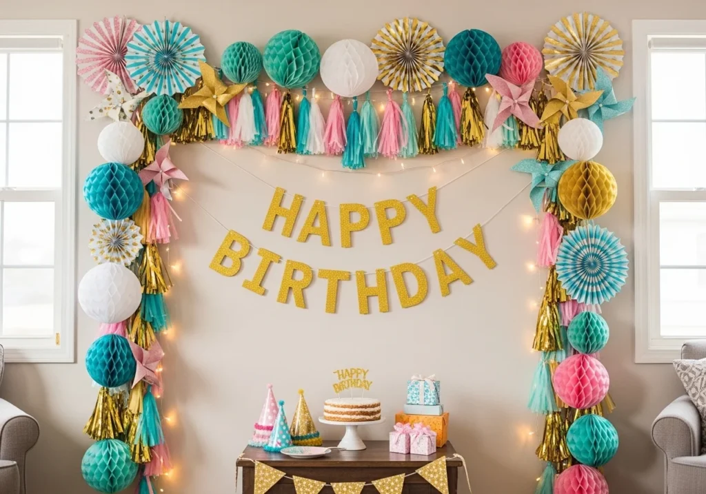 stunning birthday decoration at home ideas with balloons lights cake and stylish party setup