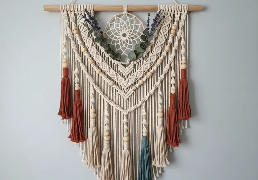 DIY wall hanging design made with handmade materials, showcasing a creative and aesthetic home decor piece