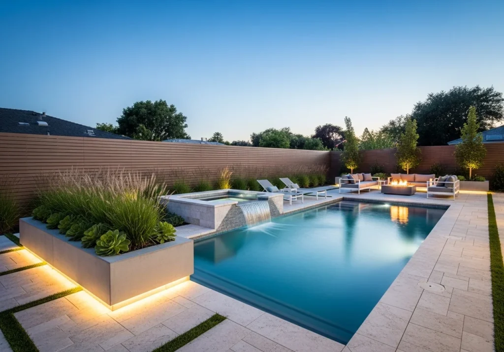 Backyard pool design ideas with modern swimming pool, stylish outdoor seating, landscaping, lighting, and relaxing luxury backyard setup