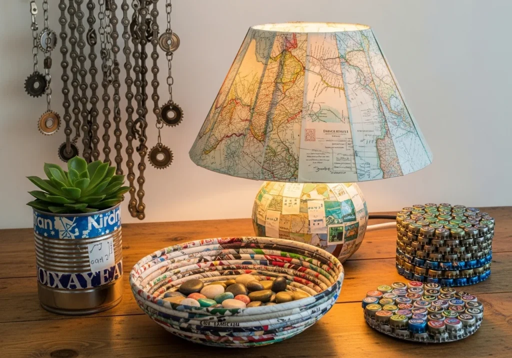 Recycled home decor items made from reused materials, showing creative and eco-friendly decoration ideas