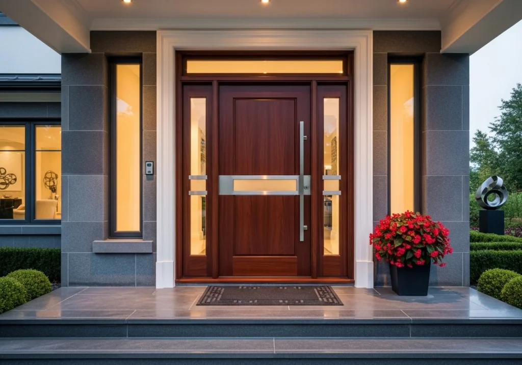 Wooden front door design ideas with warm tones and minimalist style