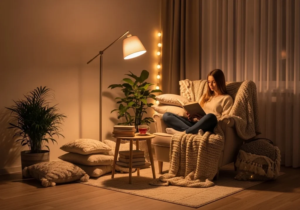 cozy reading nook ideas with plants and a fresh relaxing aesthetic setup