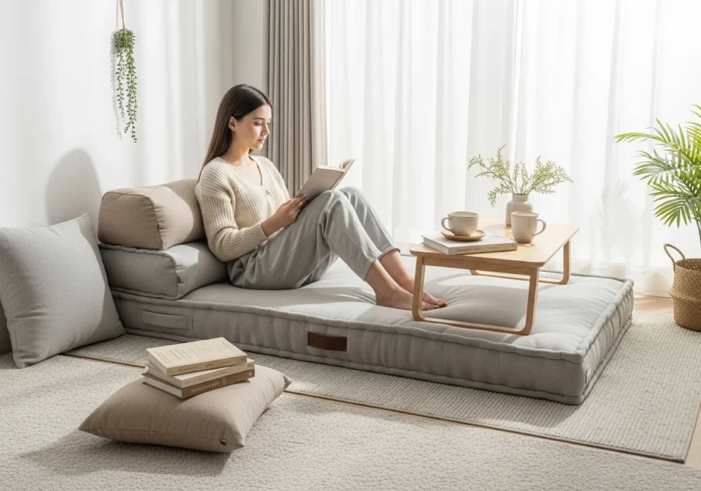 cozy reading nook ideas with plants and a fresh relaxing aesthetic setup