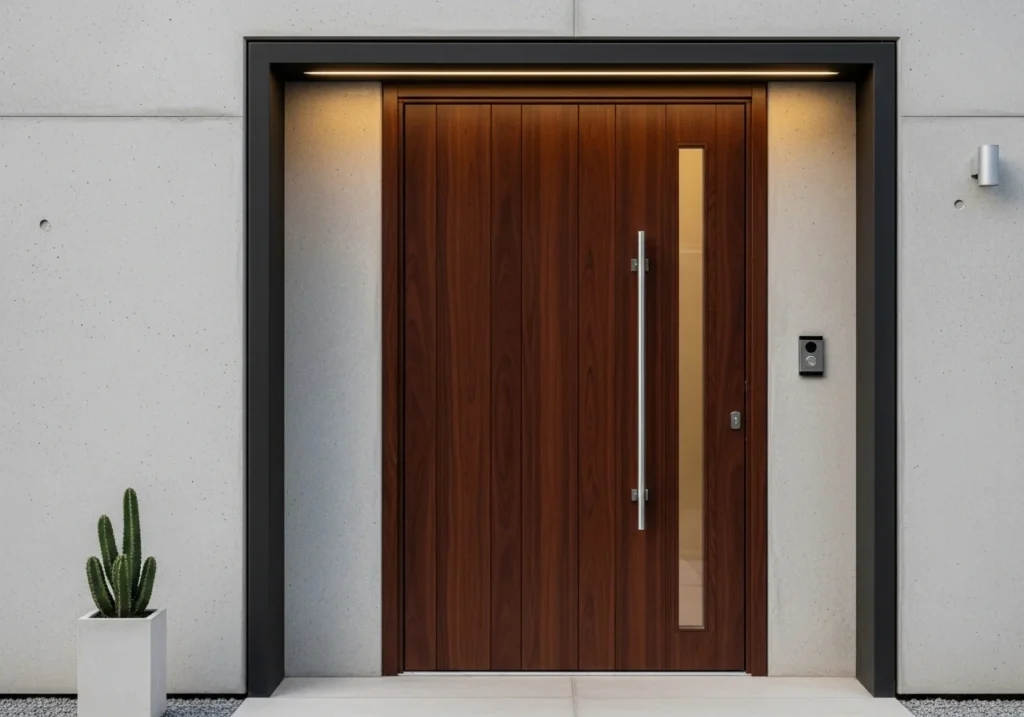 Wooden front door design ideas with warm tones and minimalist style