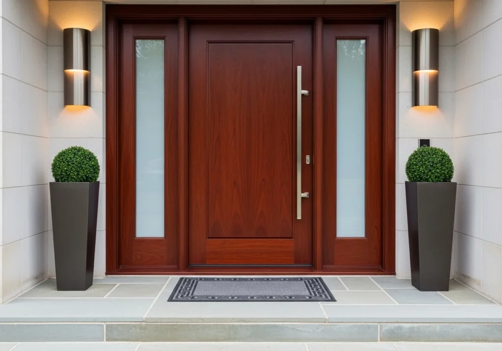 Wooden front door design ideas with warm tones and minimalist style