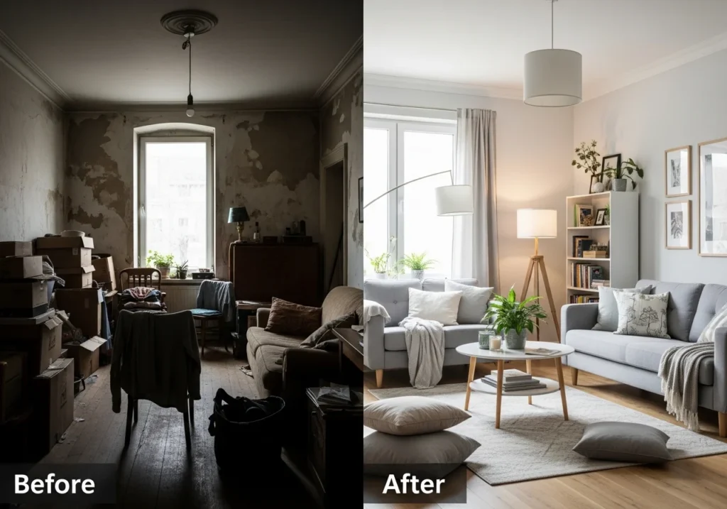 Before and after DIY room makeover showing a plain room transformed into a stylish and decorated space

