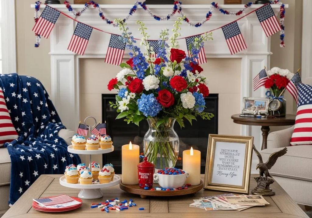 Patriotic Memorial Day decorations featuring red white and blue themed outdoor table setup, flags, candles, and festive summer celebration decor
