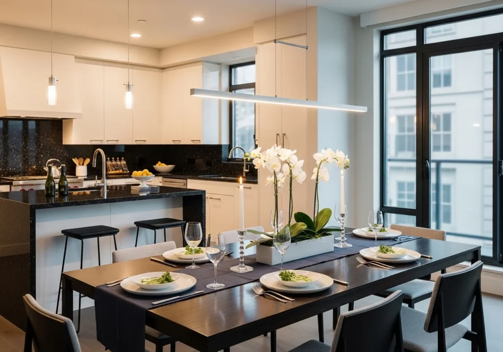 Modern kitchen dining table ideas with stylish space-saving design for small and large homes featuring elegant chairs and cozy decor.