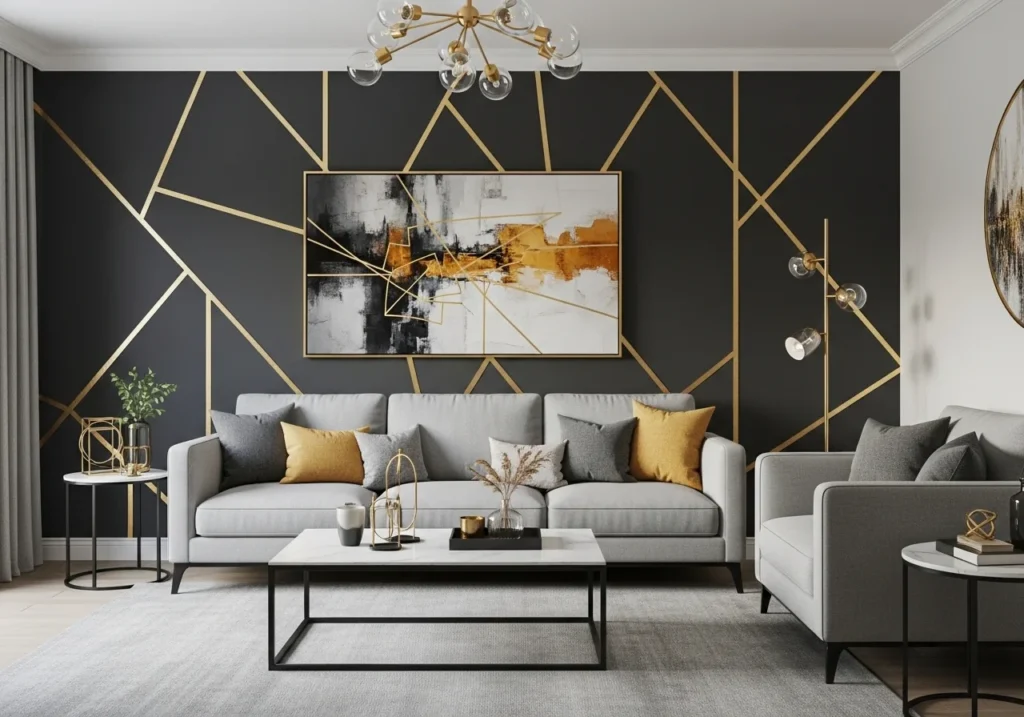 Modern trendy living room with stylish wall shelves, cozy sofa, soft lighting, neutral tones, and elegant decor creating a beautiful and aesthetic space without text overlay