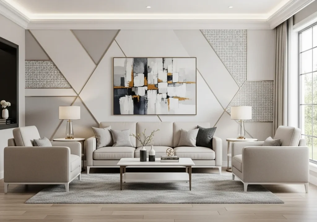 Modern trendy living room with stylish wall shelves, cozy sofa, soft lighting, neutral tones, and elegant decor creating a beautiful and aesthetic space without text overlay