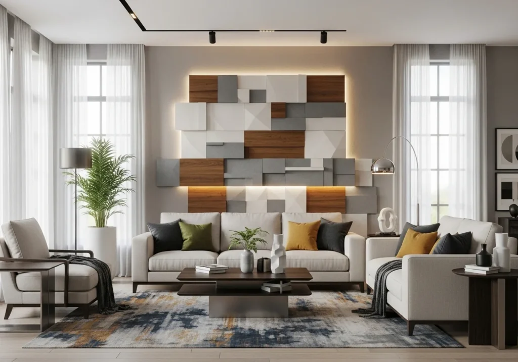 Modern trendy living room with stylish wall shelves, cozy sofa, soft lighting, neutral tones, and elegant decor creating a beautiful and aesthetic space without text overlay