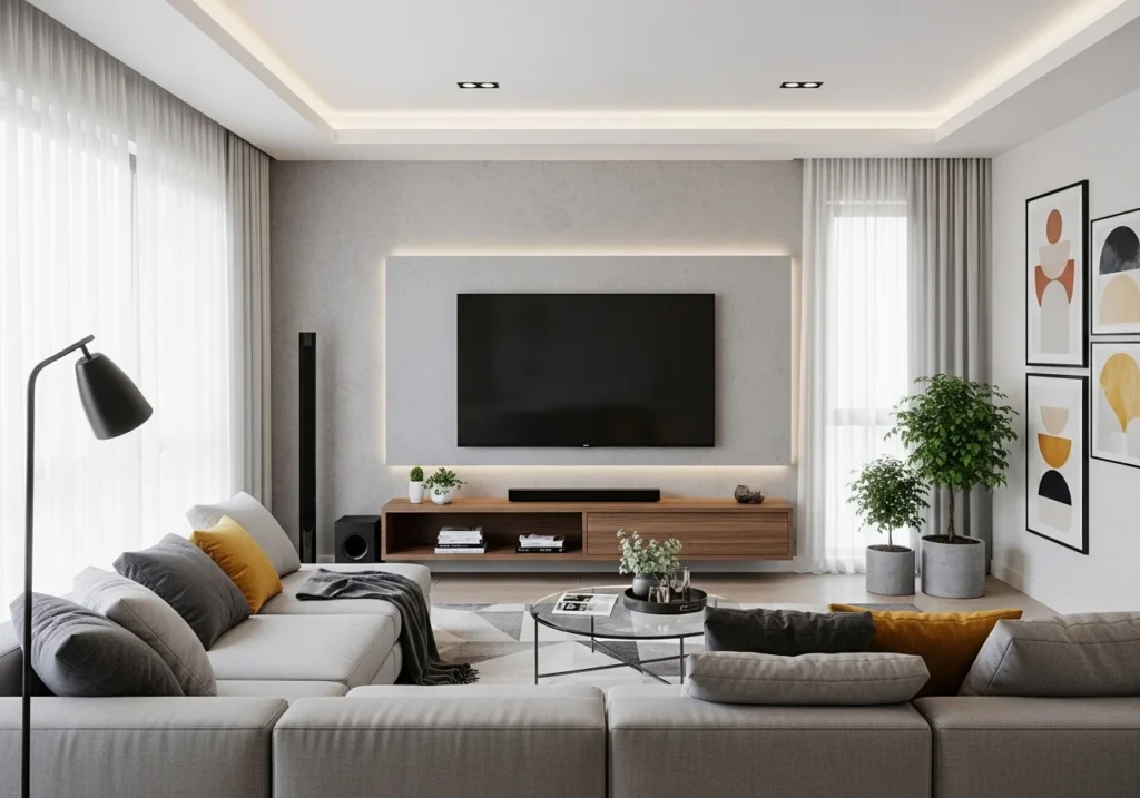 Modern trendy living room with stylish wall shelves, cozy sofa, soft lighting, neutral tones, and elegant decor creating a beautiful and aesthetic space without text overlay