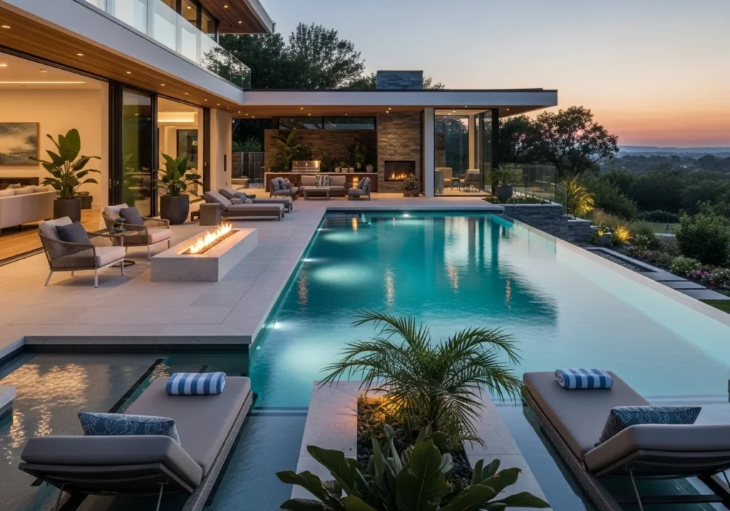 Backyard pool design ideas with modern swimming pool, stylish outdoor seating, landscaping, lighting, and relaxing luxury backyard setup