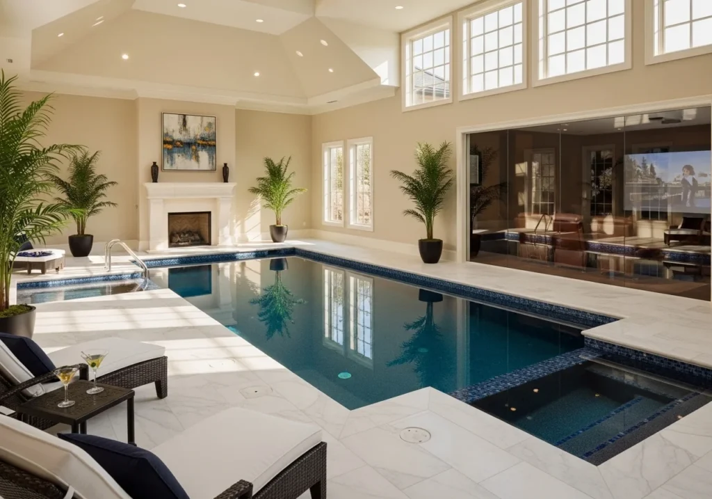 Backyard pool design ideas with modern swimming pool, stylish outdoor seating, landscaping, lighting, and relaxing luxury backyard setup