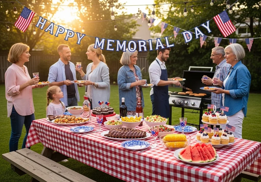 Memorial Day Weekend celebration with American flags, outdoor BBQ, travel vibes, and family enjoying summer holiday activities