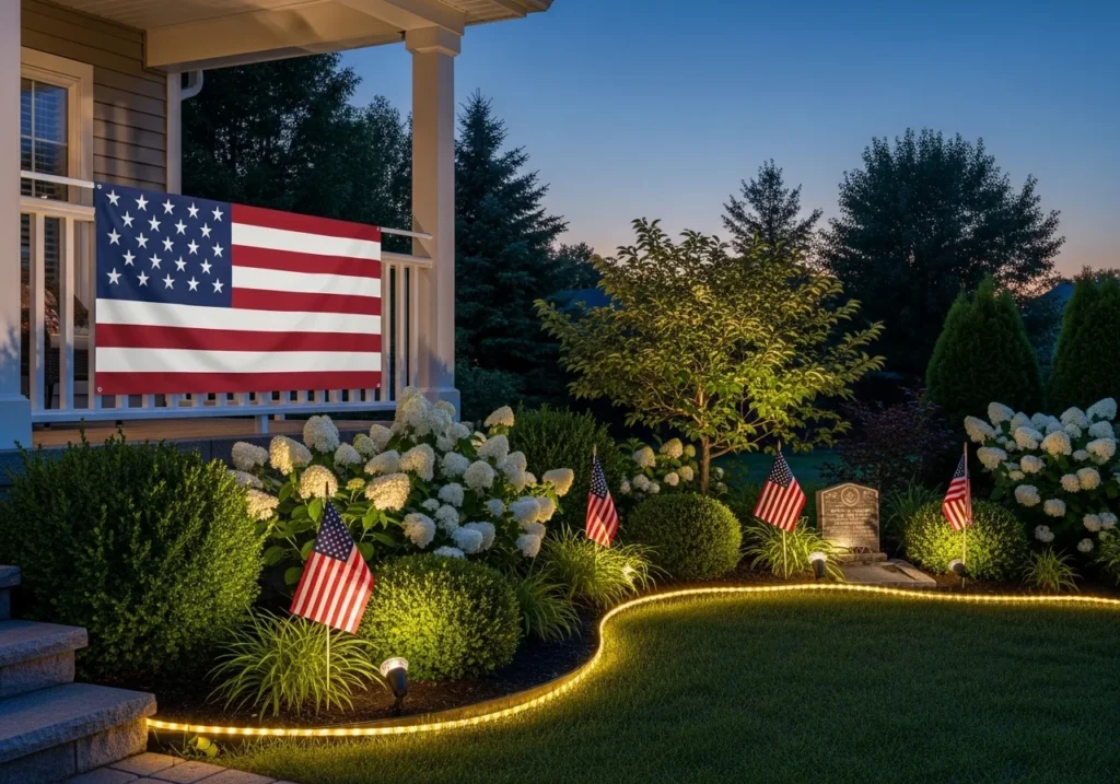 Patriotic Memorial Day decorations featuring red white and blue themed outdoor table setup, flags, candles, and festive summer celebration decor