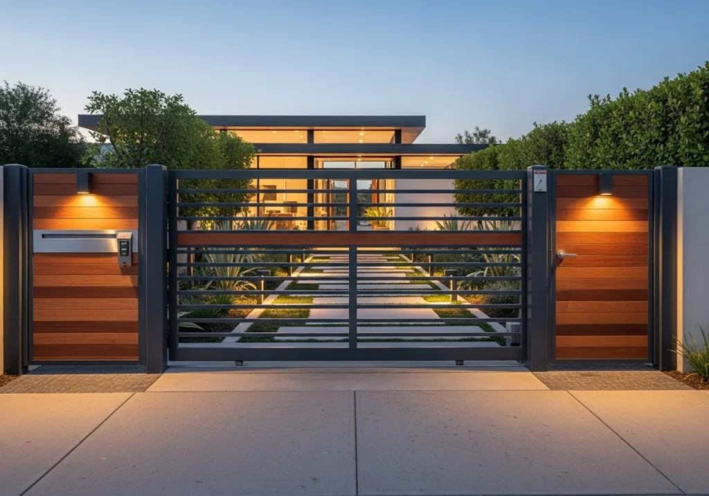 Minimalist modern gate design with clean white home exterior