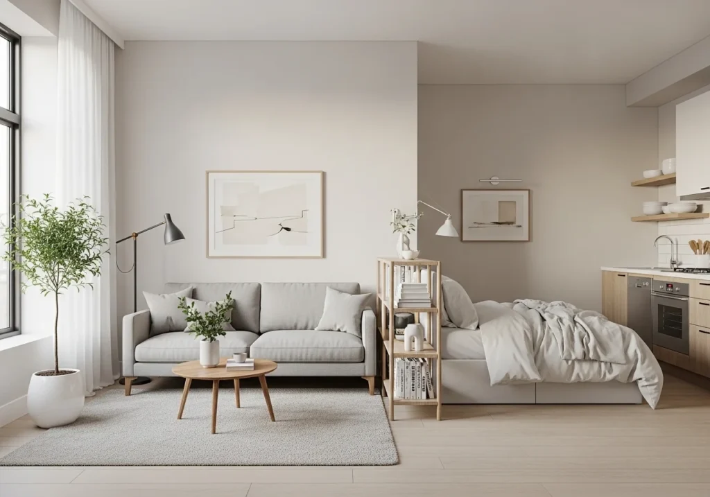 Studio Apartment Decor Ideas with modern small space styling, smart storage solutions, minimalist furniture, and cozy apartment layout design